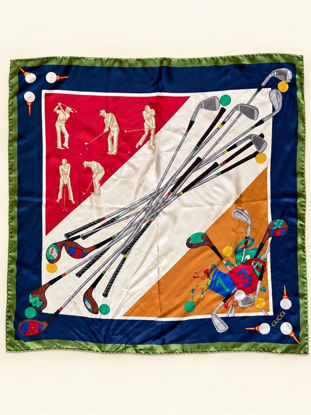 Vintage Gucci Golf 100% Silk Scarf 34” Square Golfer Clubs Print
